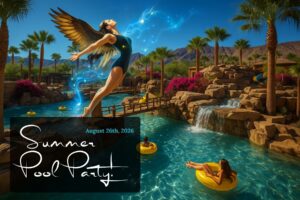 Children floating on yellow tubes at El Palmar Paradise water park in Baja California, with the Baja Angels of the Sea angel figure soaring above glowing blue waters. Text reads "Summer Pool Party – August 26th, 2026."