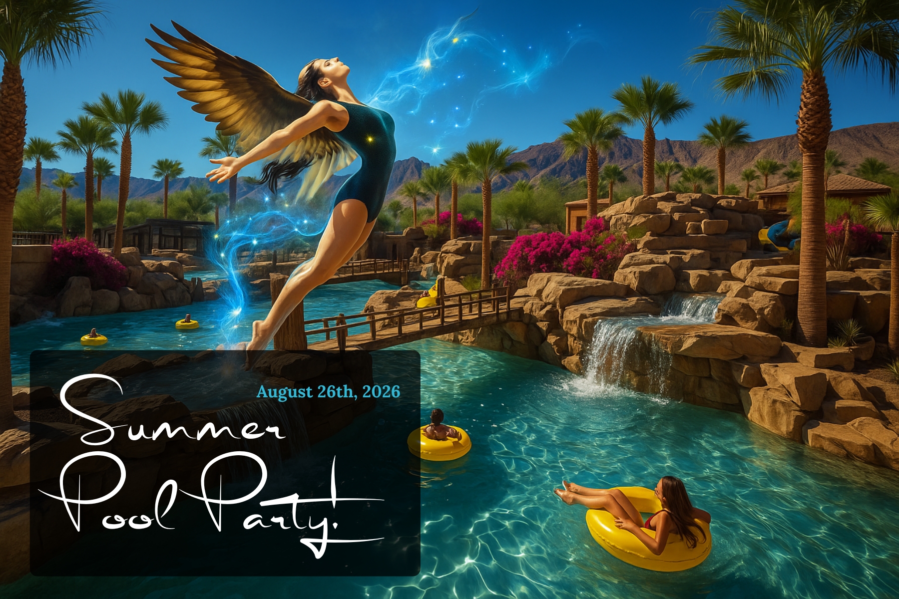 Children floating on yellow tubes at El Palmar Paradise water park in Baja California, with the Baja Angels of the Sea angel figure soaring above glowing blue waters. Text reads "Summer Pool Party – August 26th, 2026."