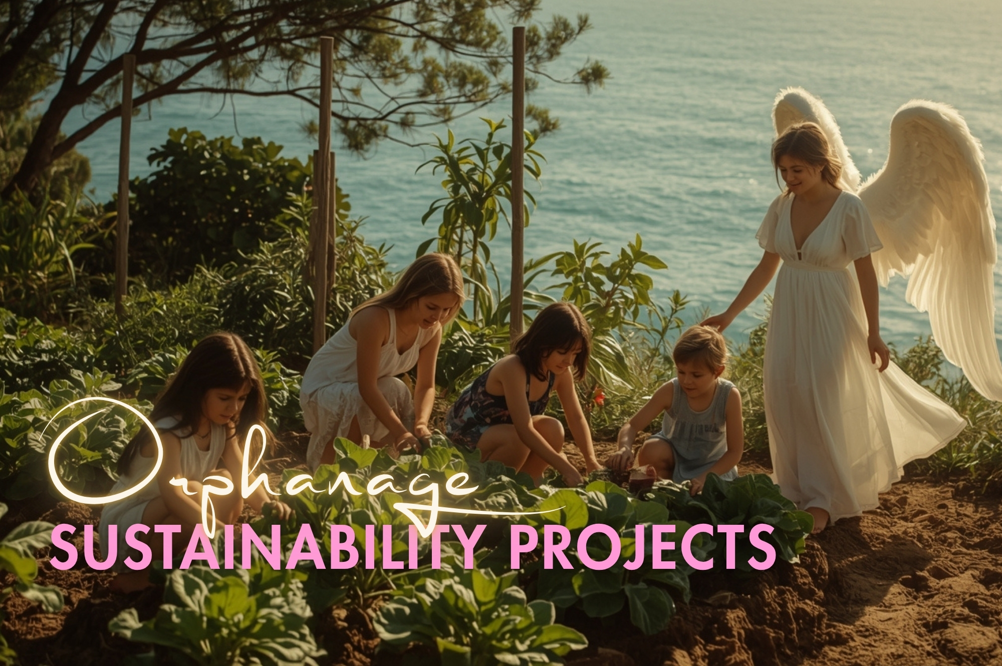 Angel guiding orphanage children in gardening and sustainability.
