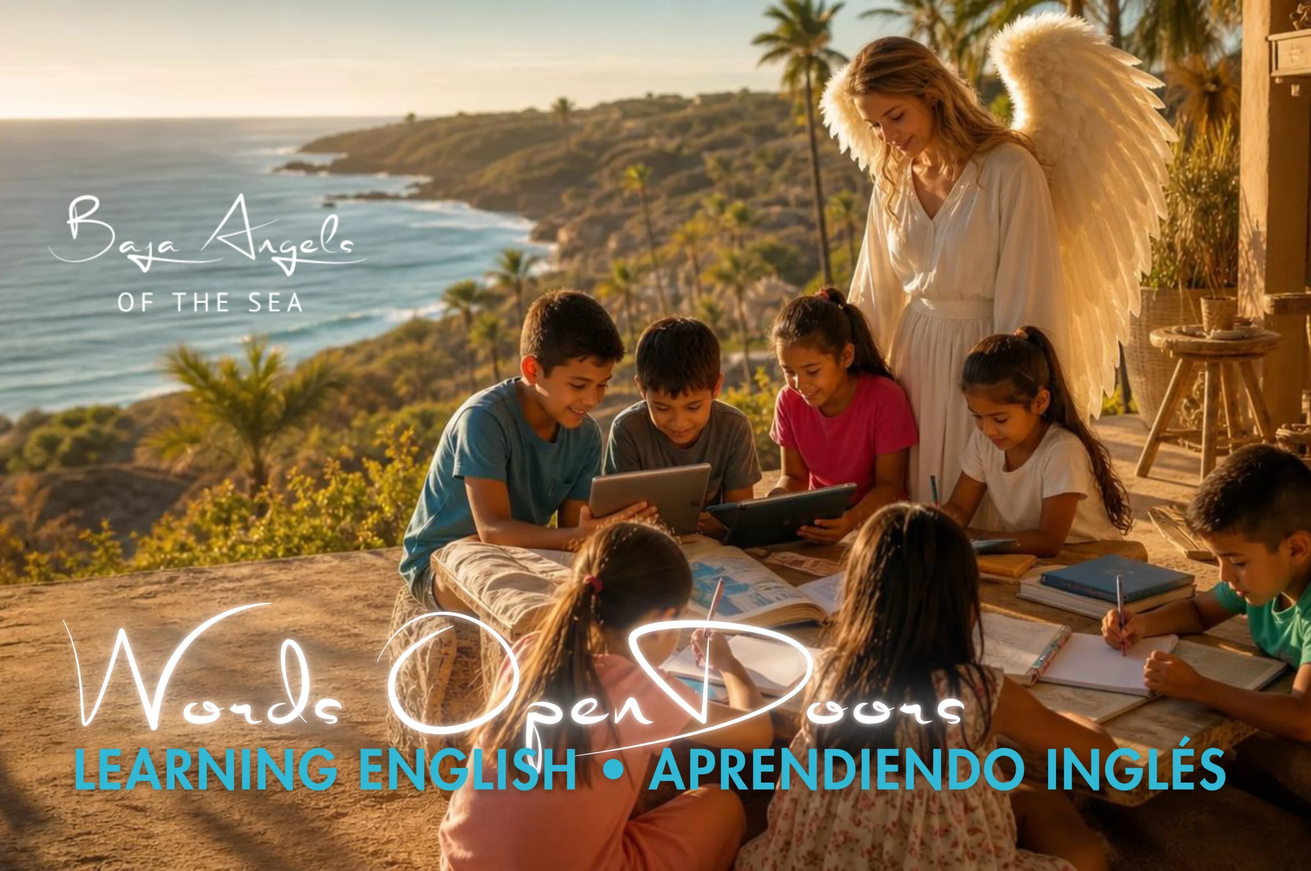 Children at Rancho La Hermosa learning English together with tablets and books at an outdoor table above the ocean at sunset, watched over by the Baja Angels of the Sea guardian angel. Overlay text reads Words Open Doors, Learning English, Aprendiendo Inglés.
