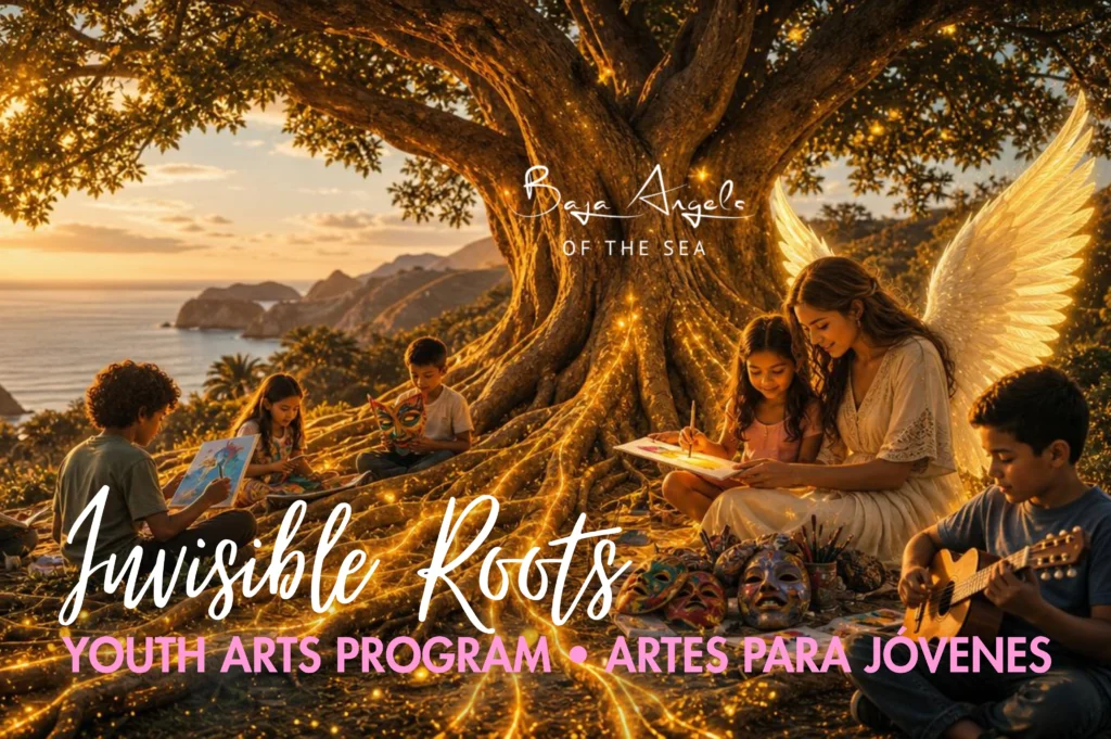 Children creating art, music, and theater under a glowing tree by the Baja California coast, with an angel watching over them, for the Invisible Roots Youth Arts Program.
