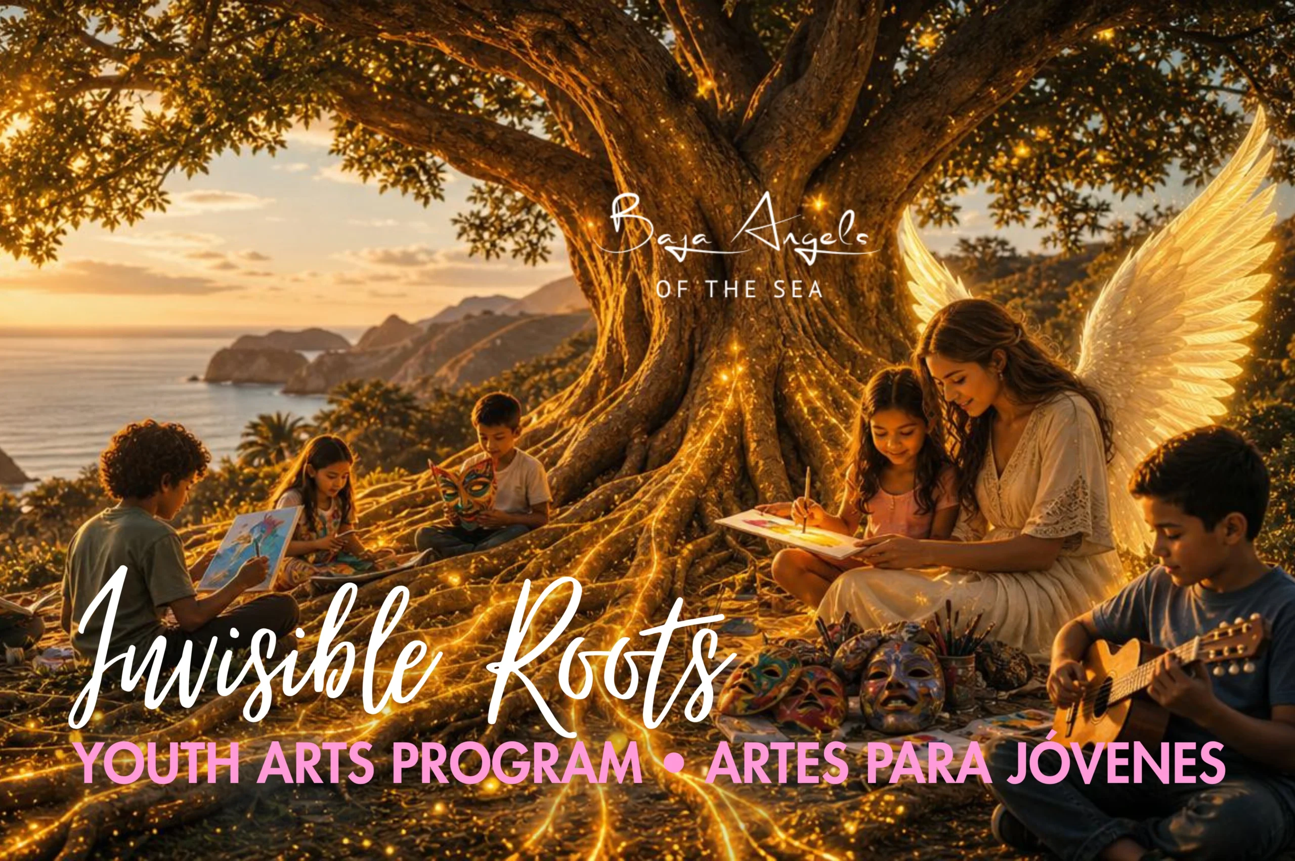 Children creating art, music, and theater under a glowing tree by the Baja California coast, with an angel watching over them, for the Invisible Roots Youth Arts Program.